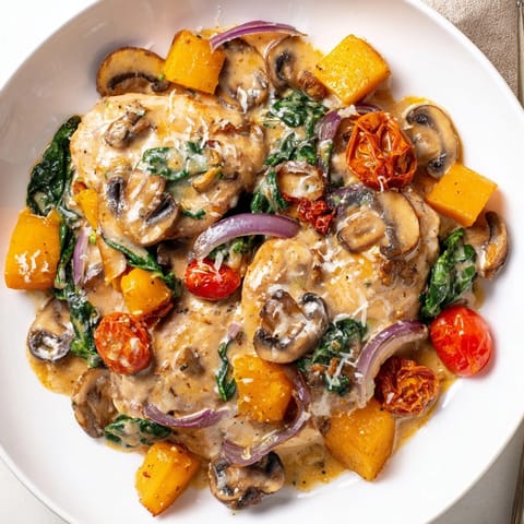Close-up of One-Pot Creamy Tuscan Chicken, savory aroma filling frame and inviting bite.