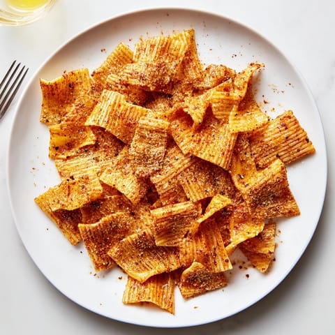 Golden-brown baked pasta chips tossed with spices, ideal for crunchy snacking delight.  