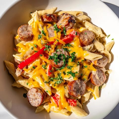 A close-up of a creamy smoked sausage & cheddar pasta bake, with cheese perfectly melted.