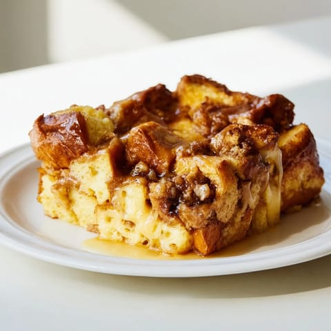 This delicious French toast bake presents a comforting view of golden-baked, sweet bread with a light crunch.