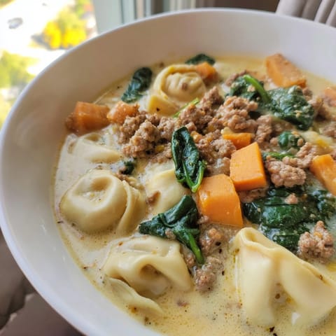 Thick and creamy, the sausage tortellini soup offers a warm blend of flavors in a rustic pot.
