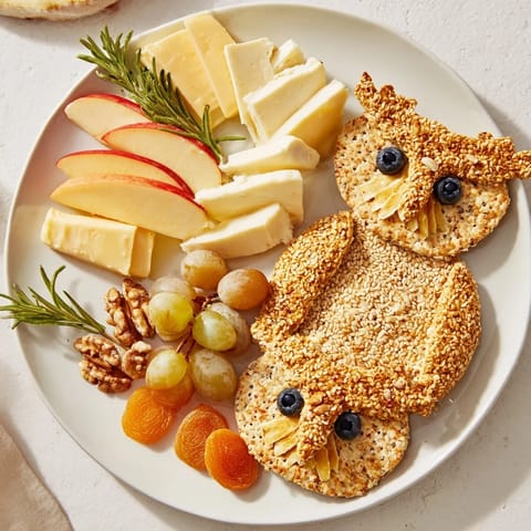 A beautifully arranged Owl Cracker and Cheese Board, piled with crackers, cheese, and colorful fruits.