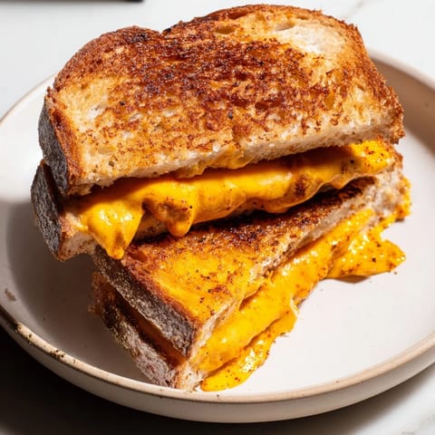 Toasted sourdough bread holds a delicious Spicy Crispy Tofu Grilled Cheese, ideal with a warm tomato soup.