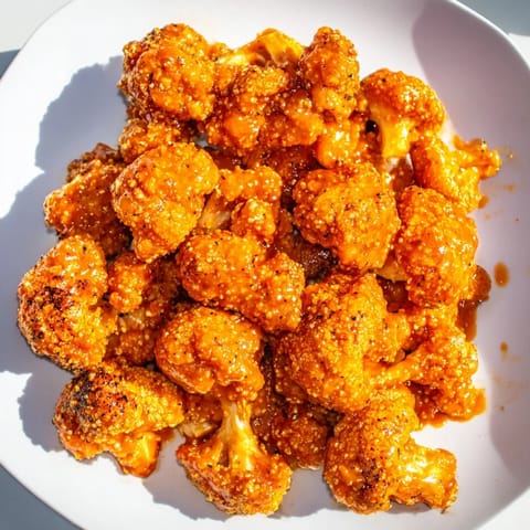 Vibrant photo of air-fried Buffalo Cauliflower Bites, perfect for a spicy, vegetarian appetizer.