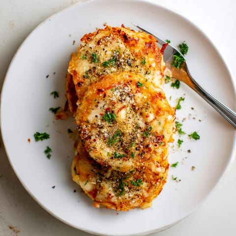 A close-up view of stacked baked rice cakes with golden cheese and herbs on a plate.