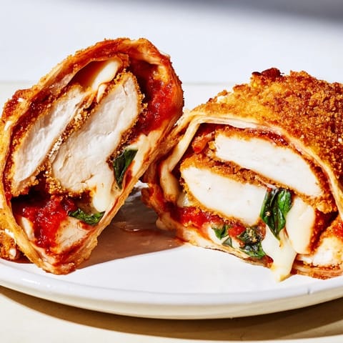 Crispy Chicken Parm Wrap served open-faced to show melted mozzarella and fresh basil, perfect for pairing with a side salad and extra marinara dip.