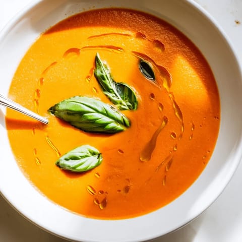 Creamy Tomato and Basil Soup served in a rustic white bowl, paired with crusty bread for dipping.