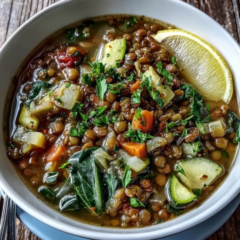 A close-up of a hearty Lentil Soup in a rustic bowl, garnished with fresh parsley and lemon wedges for a bright finish.