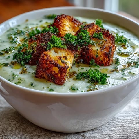 Creamy Cauliflower and Broccoli Soup steaming in a bowl, topped with golden croutons and fresh parsley.