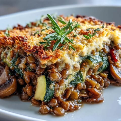 Golden-brown Green Lentil and Vegetable Casserole with bubbly Parmesan and breadcrumbs fresh from the oven.