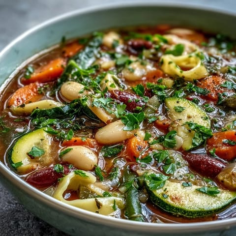 A hearty ladle of Minestrone Vegetable Soup showcases fresh spinach, diced zucchini, and a sprinkle of Parmesan cheese. 