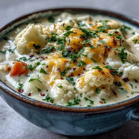 Creamy Vegetarian Cauliflower Chowder with cheddar, potatoes, and carrots in a rustic bowl, garnished with parsley and served alongside crusty bread.