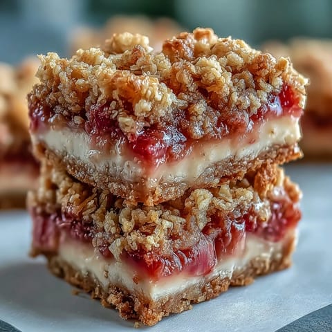 A cut Rhubarb and Custard Crumble Bar shows tangy rhubarb and smooth custard on a buttery shortbread base, served on a rustic plate. 