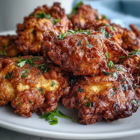 A close-up shows spiced cauliflower florets in a crunchy chickpea batter, ready to dip.