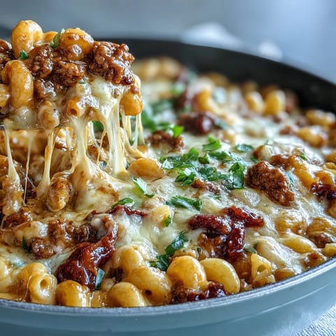 Close-up of creamy One-Pan High Protein Chili Mac with gooey cheddar and ground beef, garnished with fresh cilantro on a dark wood surface. 