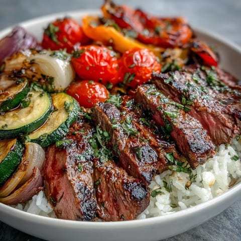 Sheet Pan Steak and Veggie Bowl offers juicy, tender steak with caramelized veggies for an easy and flavorful weeknight meal.