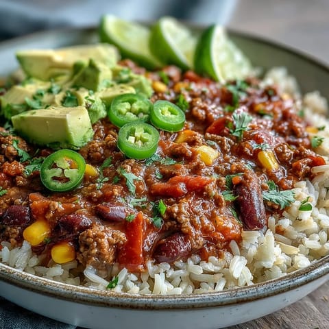 Hearty Chili Bowl Base piled high on fluffy rice, topped with melted cheddar, sour cream, and sliced green onions.