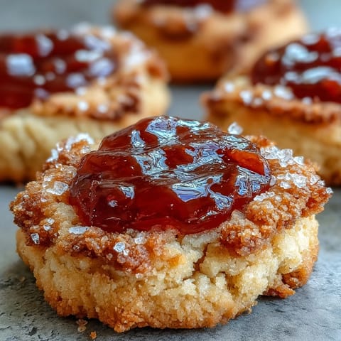 Round buttery Guava Jam Thumbprint Cookies show thick, sticky guava jam filling and golden edges on a cooling rack.