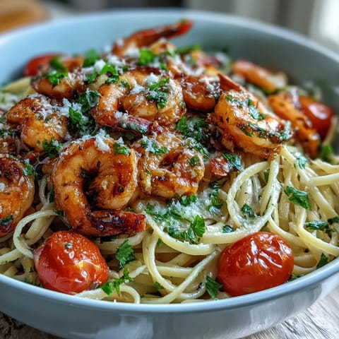 One-Pot Garlic Shrimp with Angel Hair pasta in a vibrant lemon-garlic sauce, featuring tender shrimp and fresh spring vegetables.  