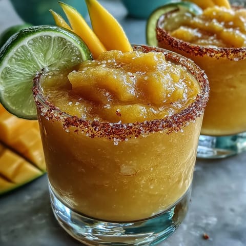 Frozen Mango Margarita Mocktail in a salt-rimmed glass with fresh lime and mango garnish.