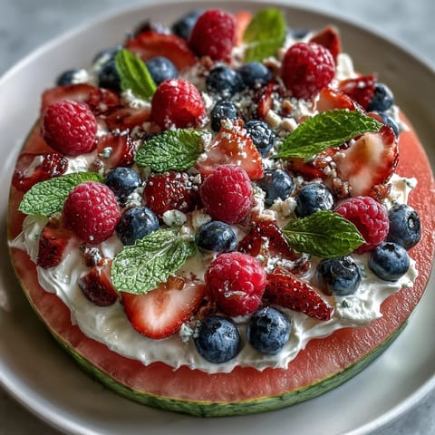 Colorful 4th of July Watermelon Pizza with berries and cream topping.