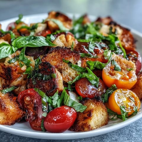 Summer Panzanella salad with grilled bread, bursting with juicy tomatoes and fresh basil.