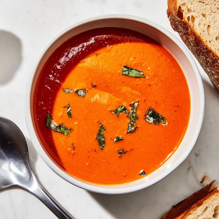 Creamy Classic Tomato Basil Soup, a comforting bowl with toasted bread garnish.