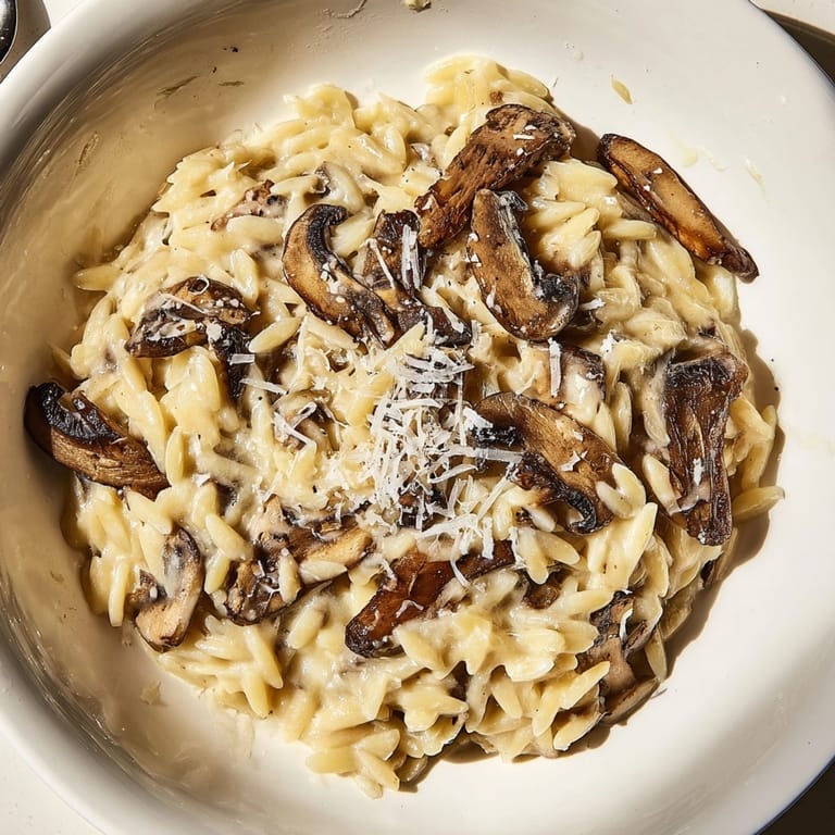 Creamy Mushroom Orzo recipe: Golden-brown mushrooms swirled through rich, cheesy orzo dish.