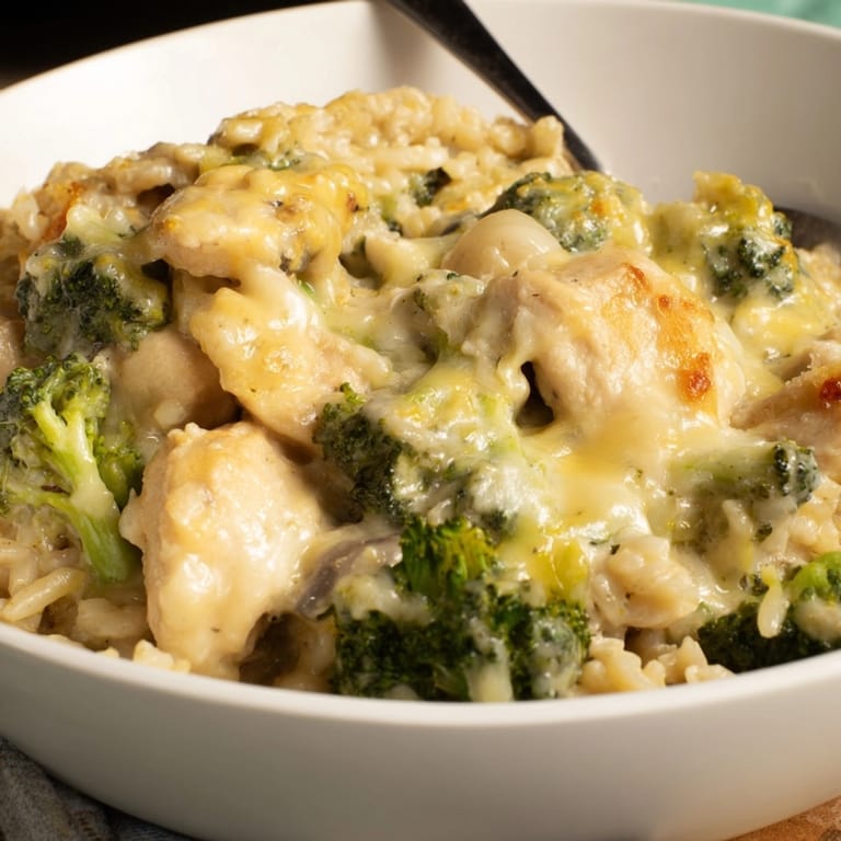 Creamy, comforting Cheesy Chicken Broccoli Bake: tender chicken, broccoli, and cheesy rice.