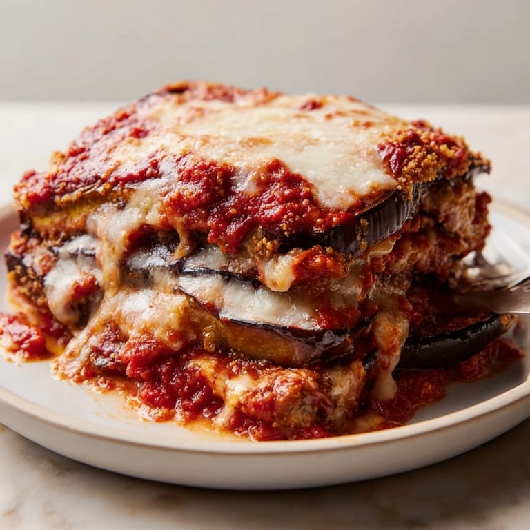 Close-up of delicious Eggplant Parmesan Casserole, browned cheese and savory layers hinting at warm flavors.