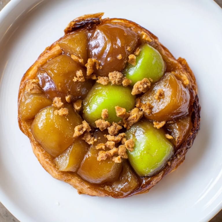 Decadent caramel apple tarte tatin served warm with creamy vanilla ice cream.  