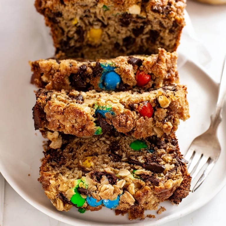 Indulgent Cinnamon Sugar Monster Cookie Loaf, featuring rich chocolate chips and chewy oats.