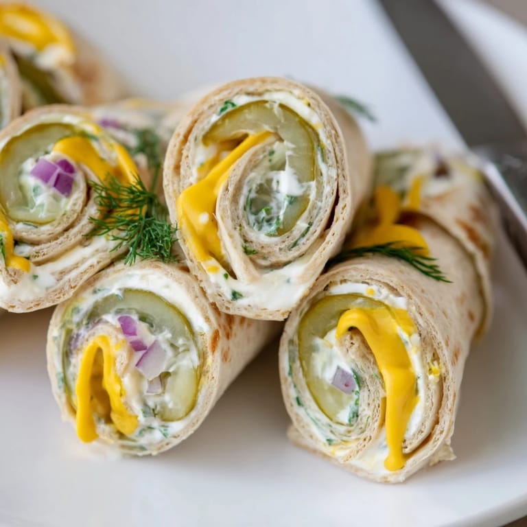 Savory Pickle-in-a-Blanket appetizer, combining fresh dill pickles with soft, cheesy tortillas.