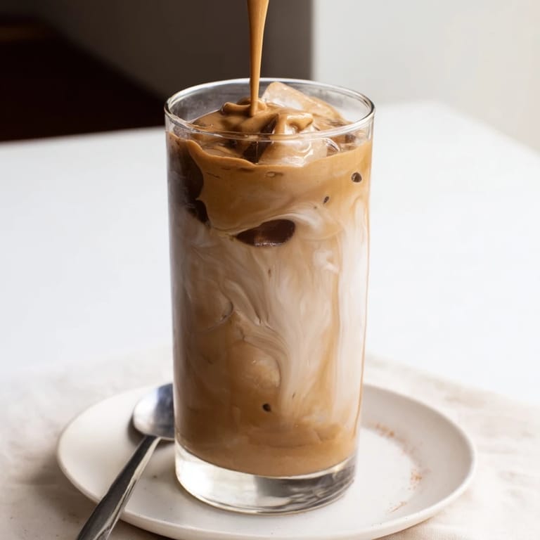 Deliciously smooth tahini iced coffee topped with frothy plant-based milk and ice.  
