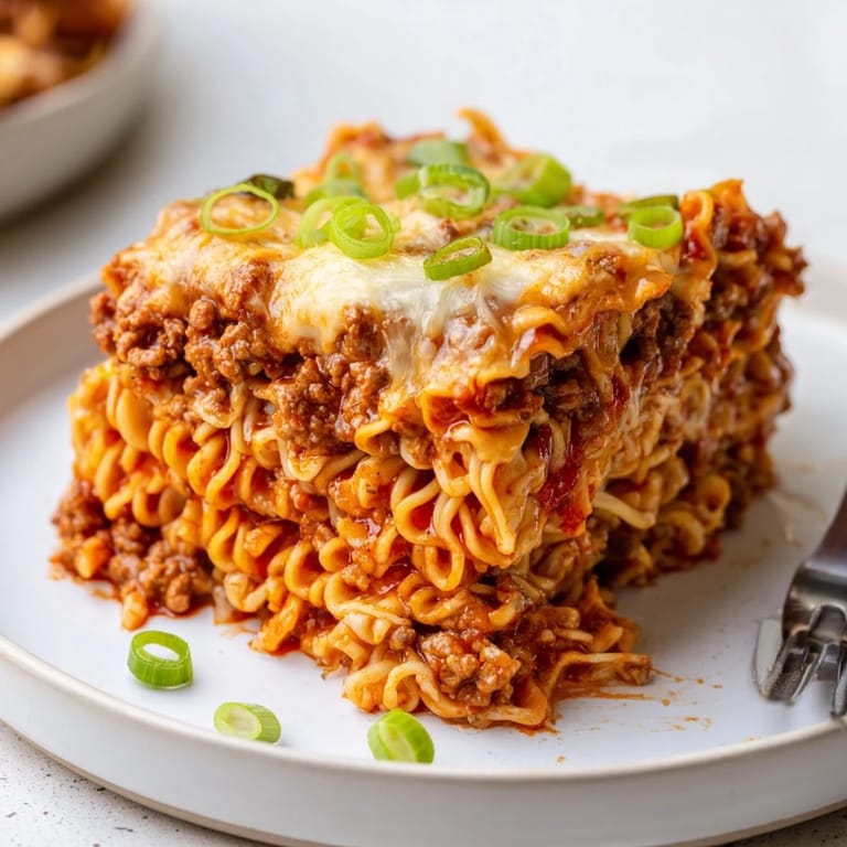 Layers of Spicy Ramen Lasagna showcase vibrant noodles and a creamy cheese blend.  