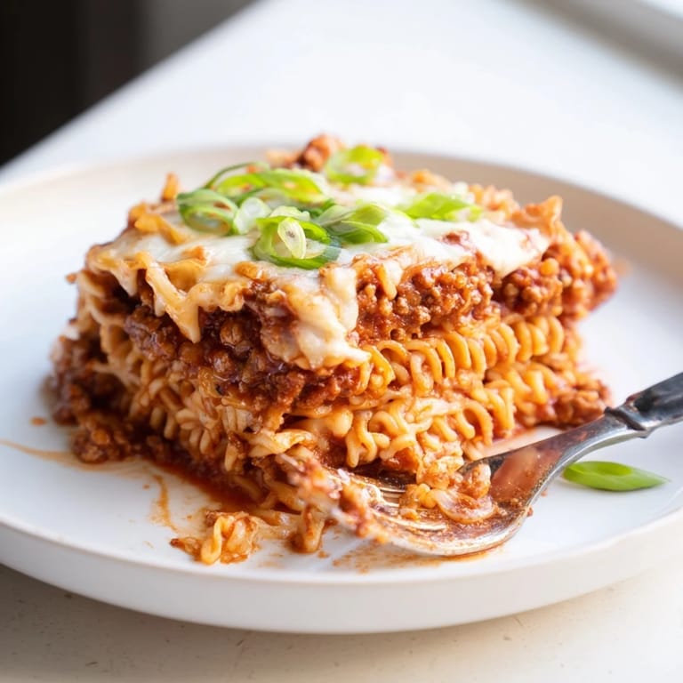 Comforting Spicy Ramen Lasagna piled high with zesty pork and gooey mozzarella goodness.