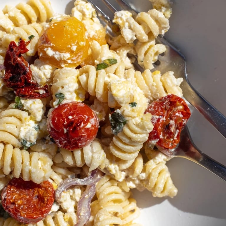 Oven-baked feta pasta served with vibrant cherry tomatoes and rich sun-dried flavors.