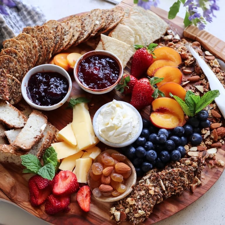 Delicious jam-infused brunch board featuring cheeses, fruits, and artisan breads for sharing.  
