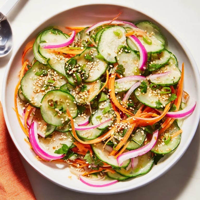 Colorful cucumber salad remix served chilled, perfect for summer gatherings or appetizers.
