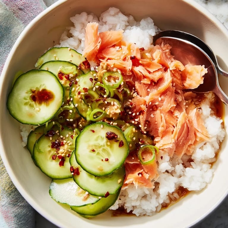 Colorful Leftover Salmon & Rice Bowl featuring steamed rice and succulent salmon flakes. 