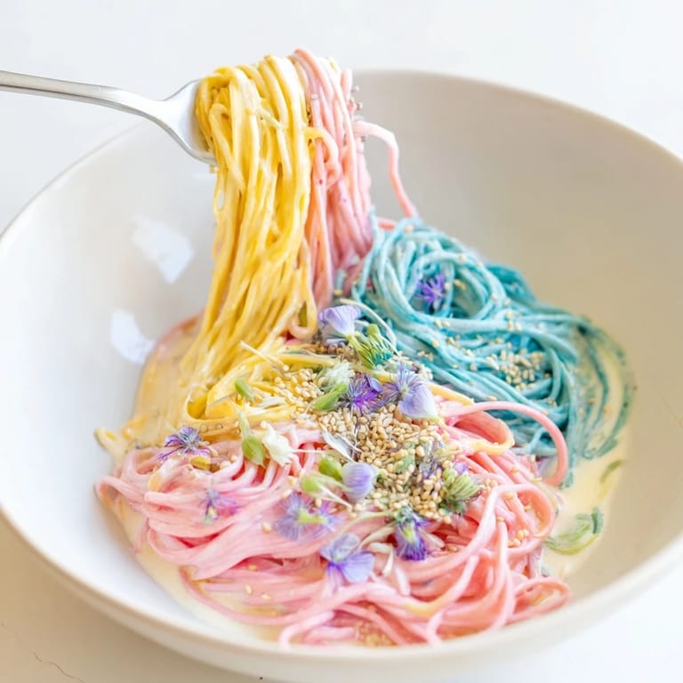 Delightful Neon Noodle Cloud topped with edible flowers and toasted sesame seeds.  