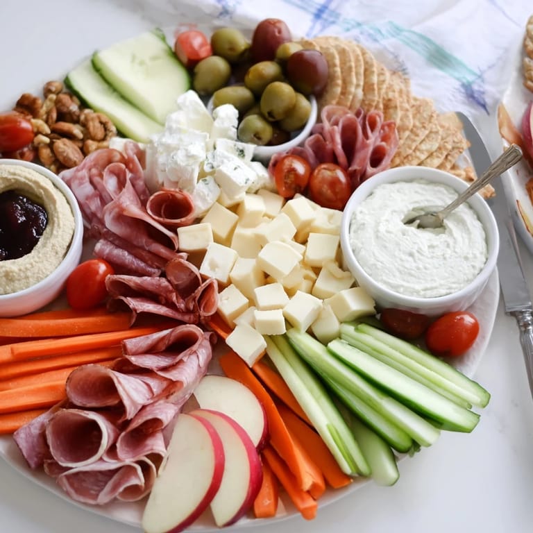 Playful Girl Dinner Platter featuring creamy cheeses, crispy chips, and bright fruits.