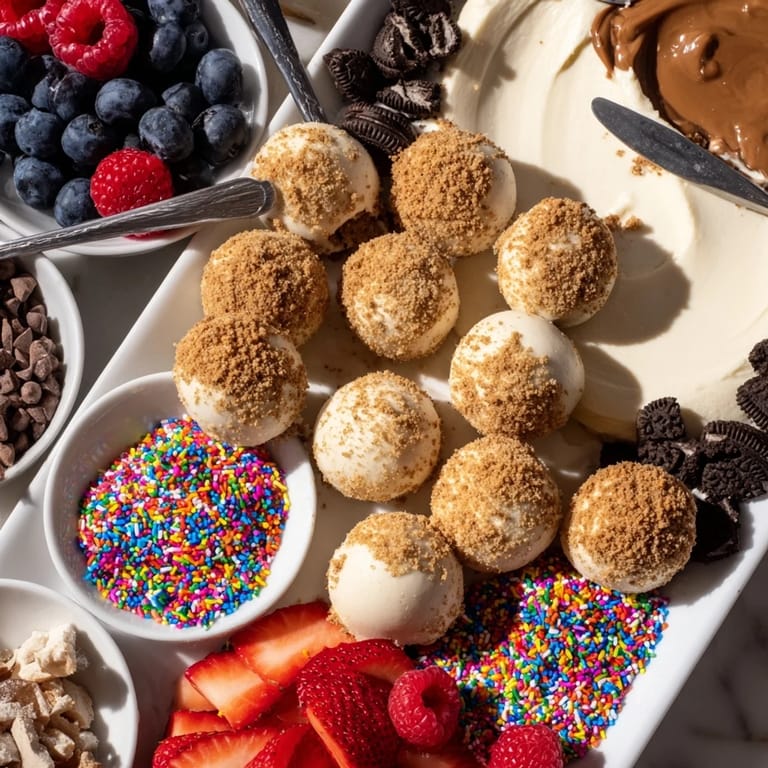 Indulge in our deconstructed dessert board with cheesecake bites and fresh fruit toppings.  