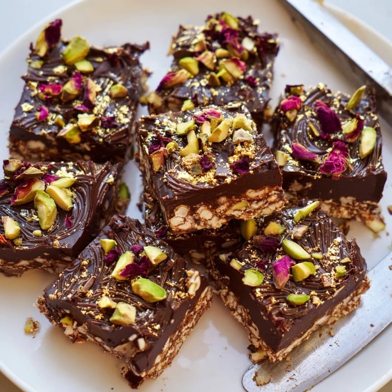 Rich chocolate base layered with crushed nuts and a spiced date caramel drizzle.