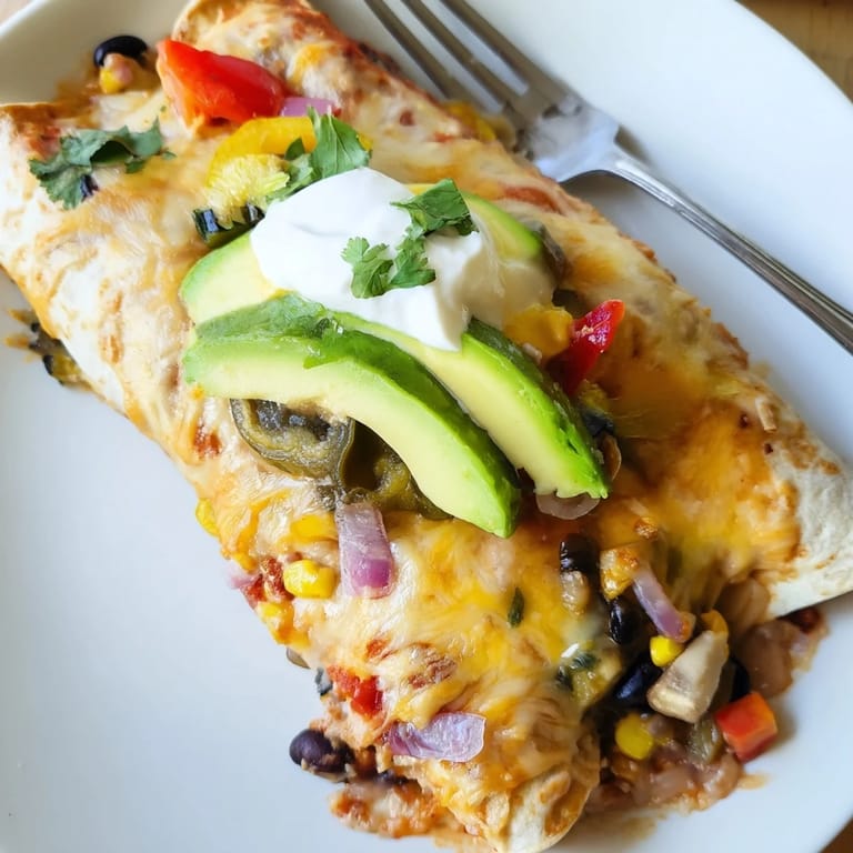 Colorful dish of Farmers Market Vegetarian Enchiladas nestled in homemade sauce, ready to serve.  