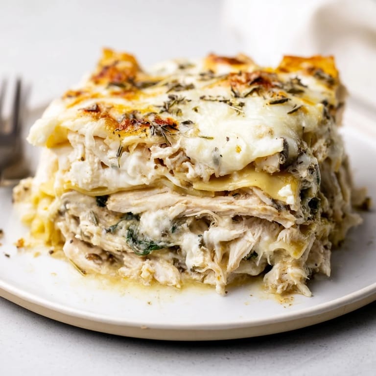 Comforting rosemary chicken lasagna topped with golden parmesan for a delightful meal.