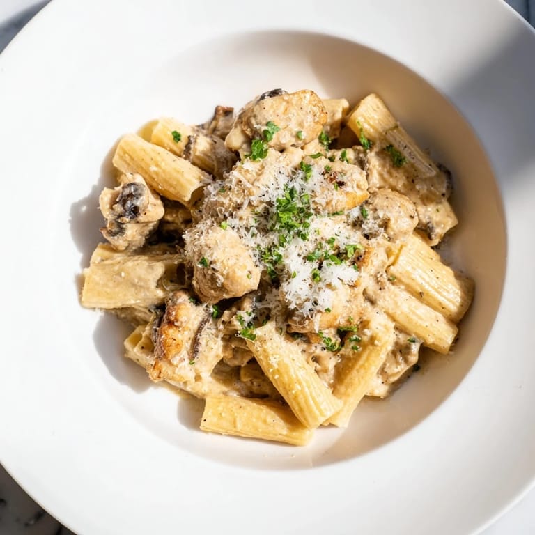 A close-up view of creamy Garlic Parmesan Chicken Rigatoni, a comforting Italian-American pasta creation.
