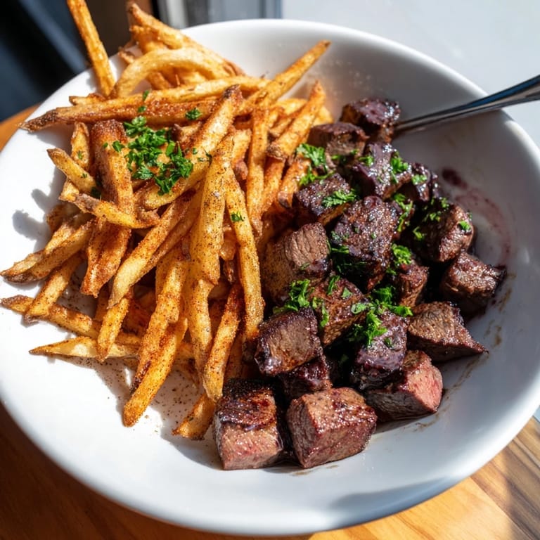 Perfectly seared Blackened Cajun Steak Bites with a spicy crust, served with a pile of hot, golden fries.