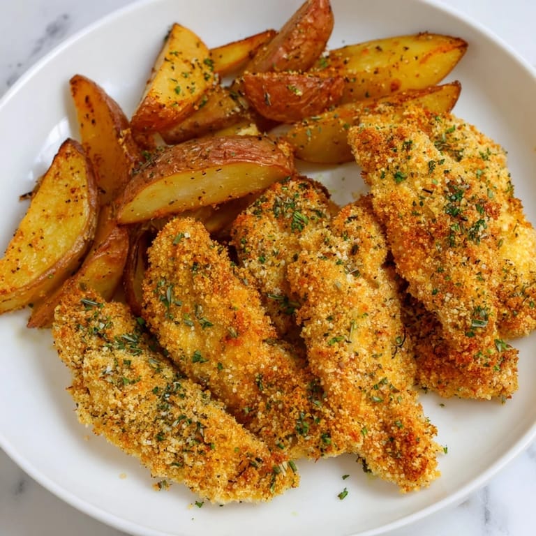 Perfectly seasoned herbed chicken tenders and baked potato wedges, a gluten-free friendly family favorite.