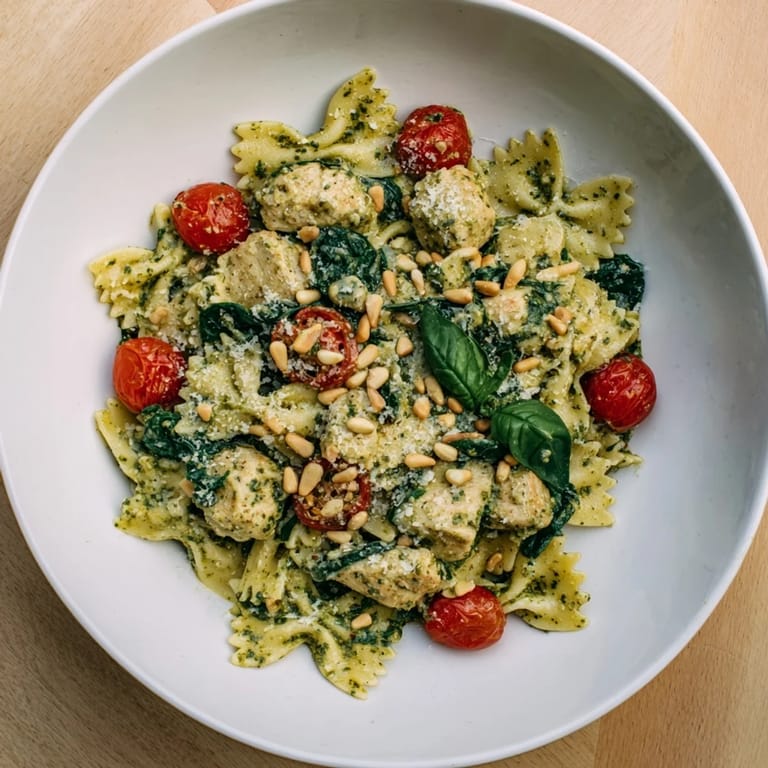 Quick weeknight meal of Pesto Chicken Bowtie Pasta served in a bowl, perfect for a cozy dinner.